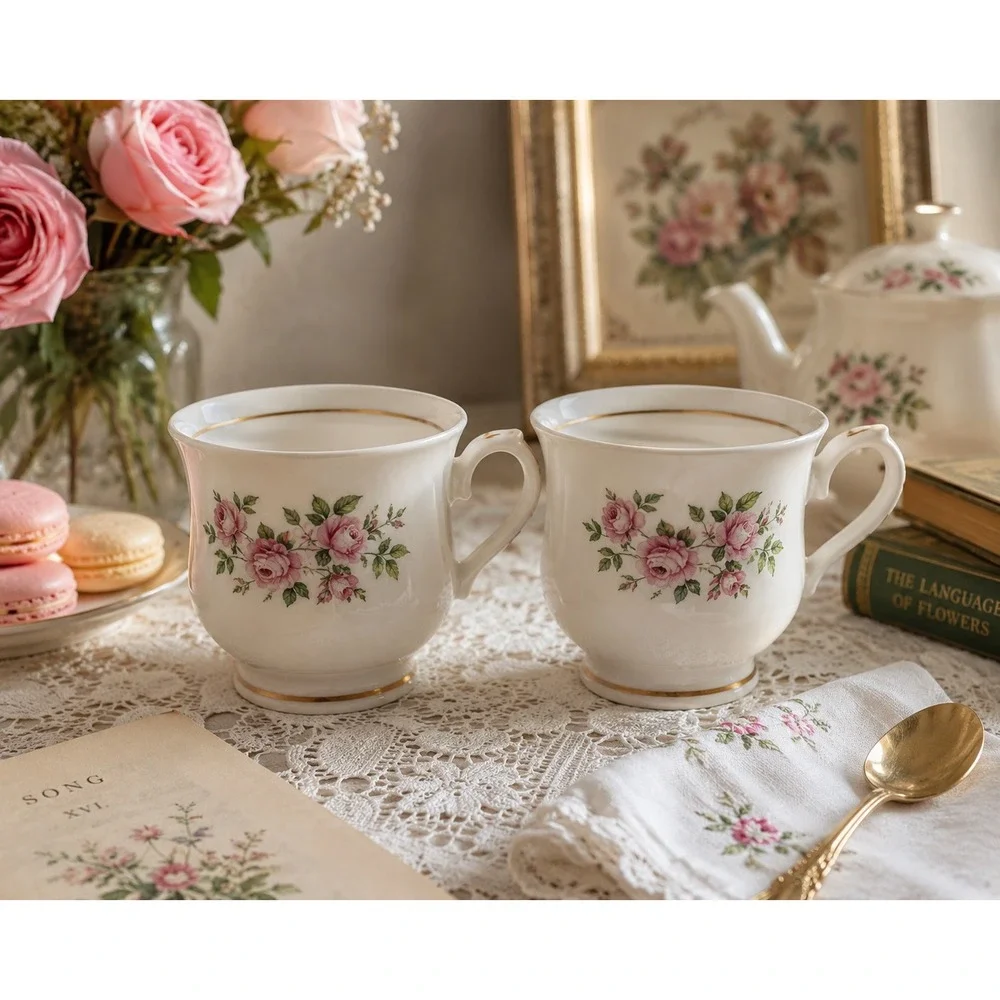 Daffodil‎ Fine Bone China Tea Cups Set Pink Roses Gold Trim Vintage